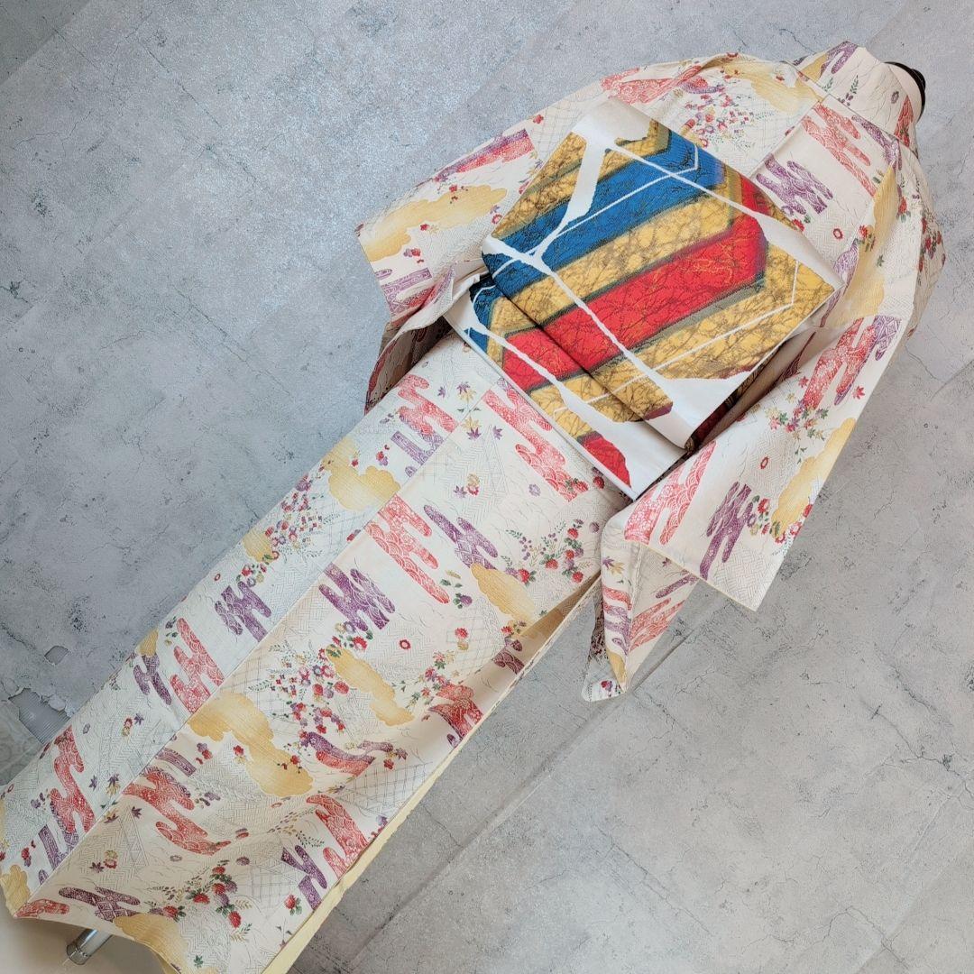 紬　帯締め帯揚げ　3点セット　着物　正絹　花　カラフル　色彩　白地　しつけ糸D2