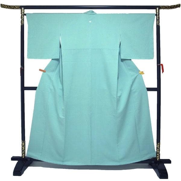 色無地 着物 袷 水色 紋入り 木瓜 地紋 市松 裄66 Ｍ 中古 sn1770