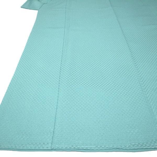 色無地 着物 袷 水色 紋入り 木瓜 地紋 市松 裄66 Ｍ 中古 sn1770