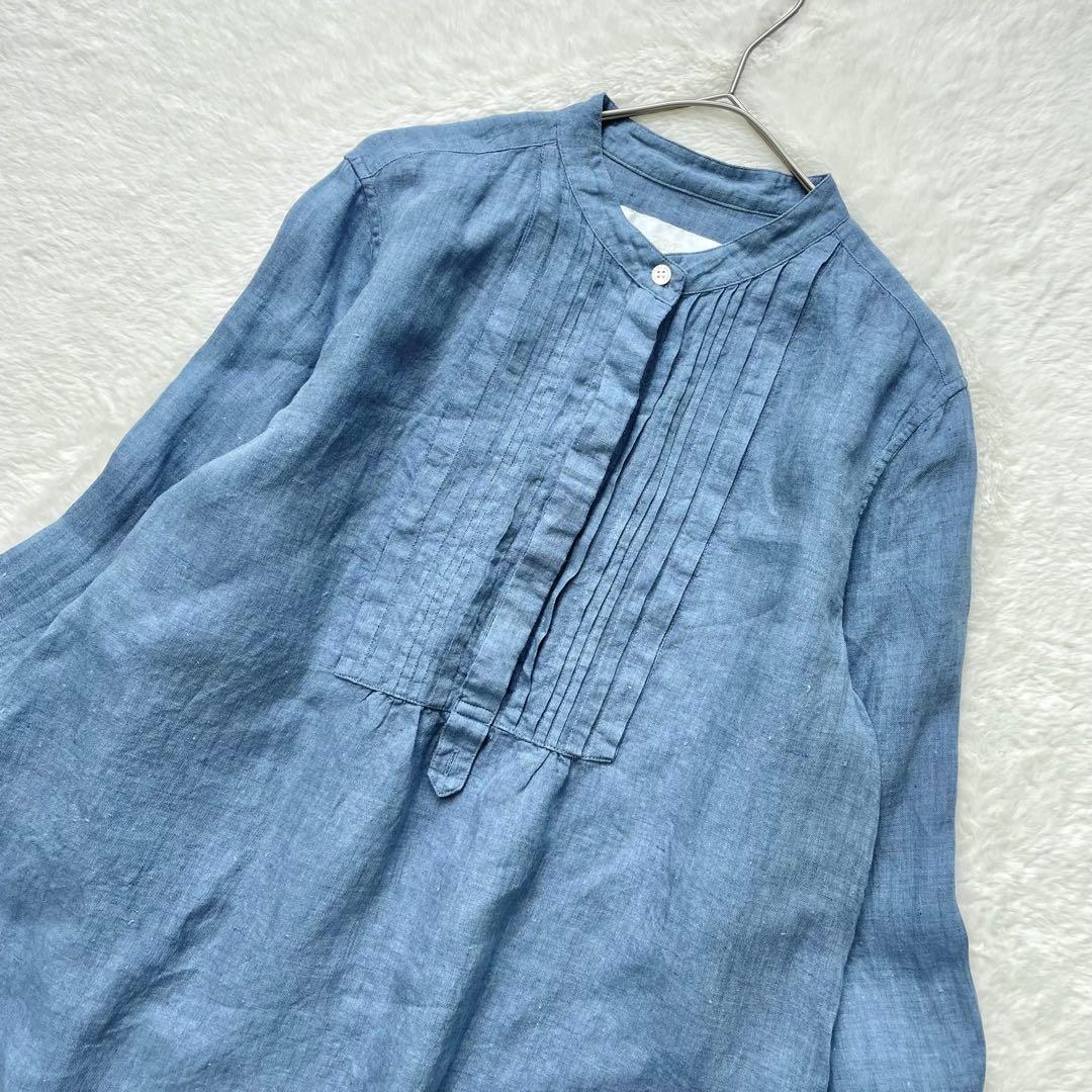 大きいサイズ 23区 LIBECO リネンバンドカラーブラウス ピンタック 44