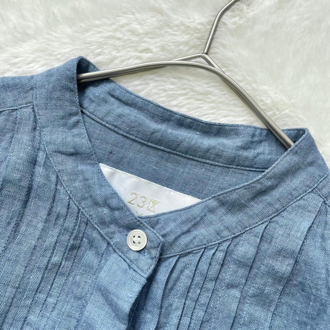 大きいサイズ 23区 LIBECO リネンバンドカラーブラウス ピンタック 44