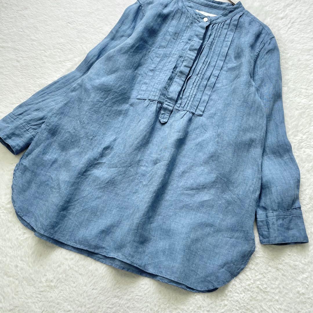 大きいサイズ 23区 LIBECO リネンバンドカラーブラウス ピンタック 44