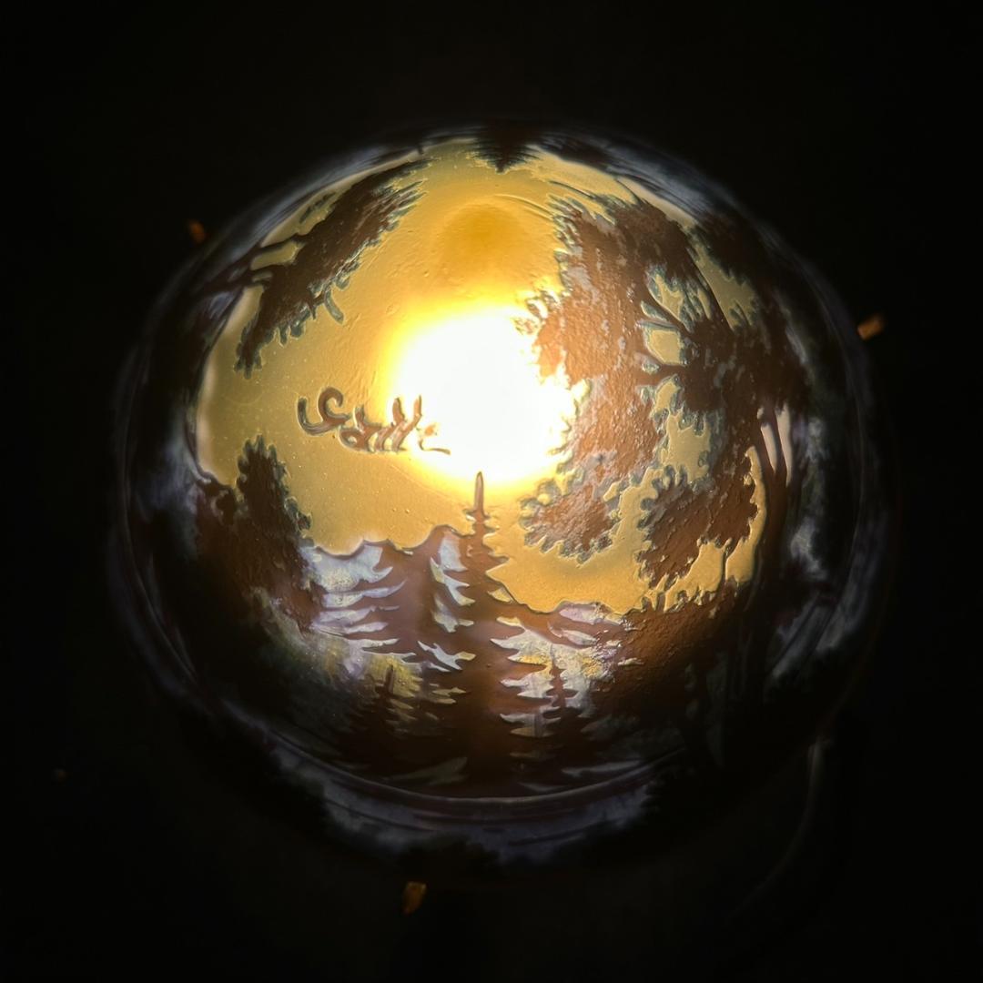 エミールガレ　 二灯ランプ 　山景紋　カメオ彫り　被せガラス　高さ24ｃｍ