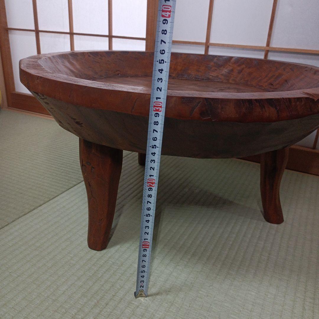 希少　古民家蔵出し品　天然木　座卓　丸テーブル　手彫り　ガラス板付き