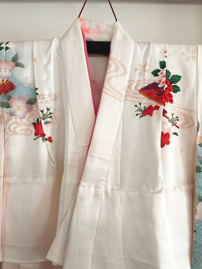 美品 七五三 7歳向け 正絹振袖＋袋帯セット 豪華金彩刺繍入り 古典柄 お祝い用