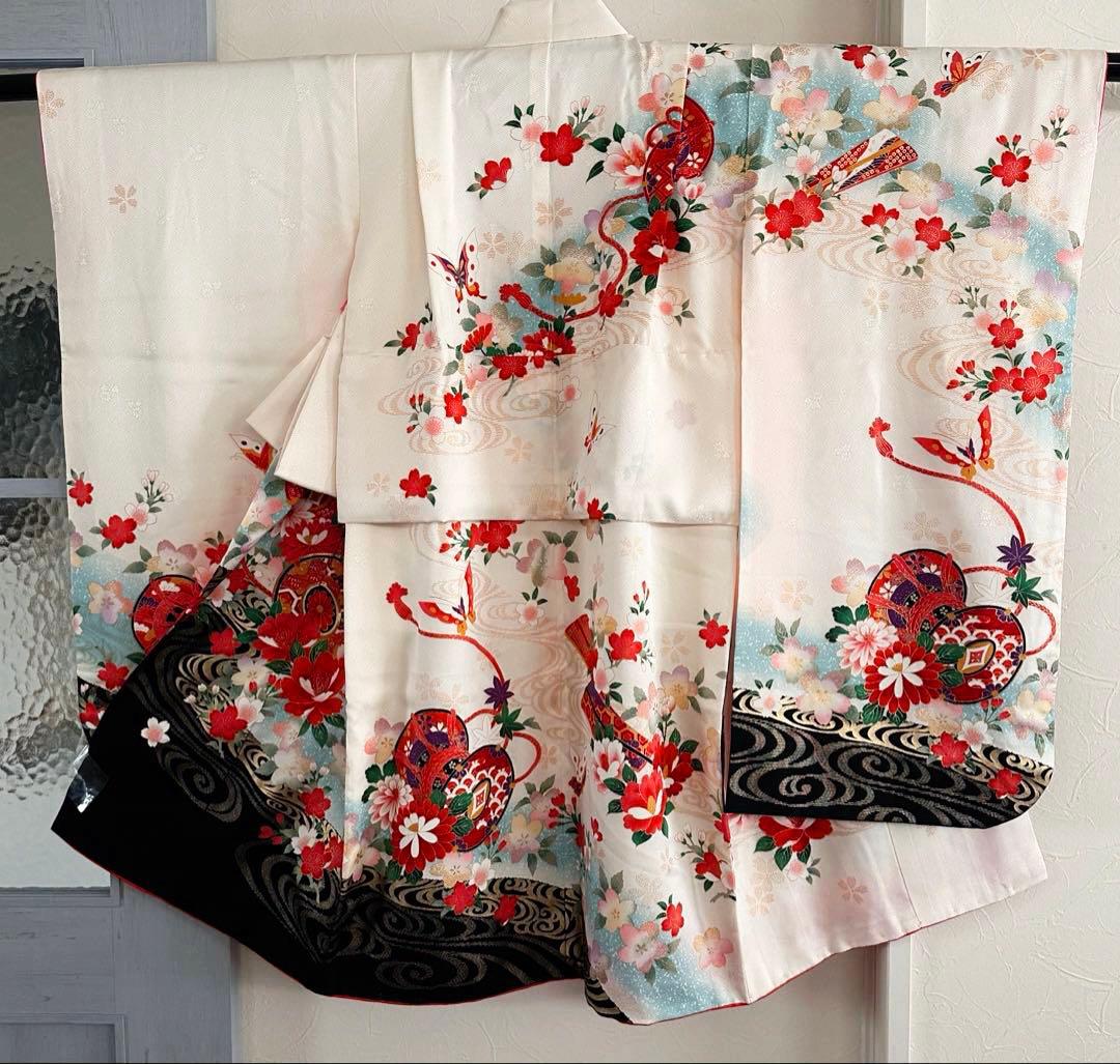 美品 七五三 7歳向け 正絹振袖＋袋帯セット 豪華金彩刺繍入り 古典柄 お祝い用