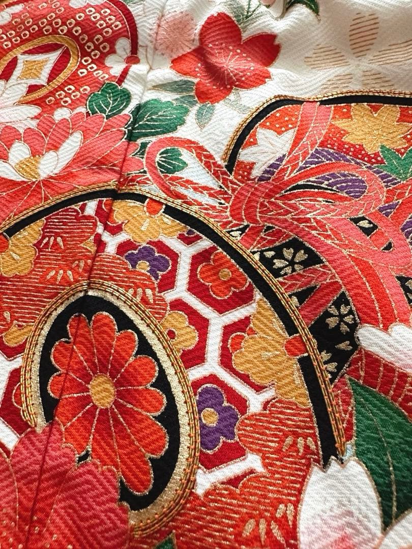 美品 七五三 7歳向け 正絹振袖＋袋帯セット 豪華金彩刺繍入り 古典柄 お祝い用