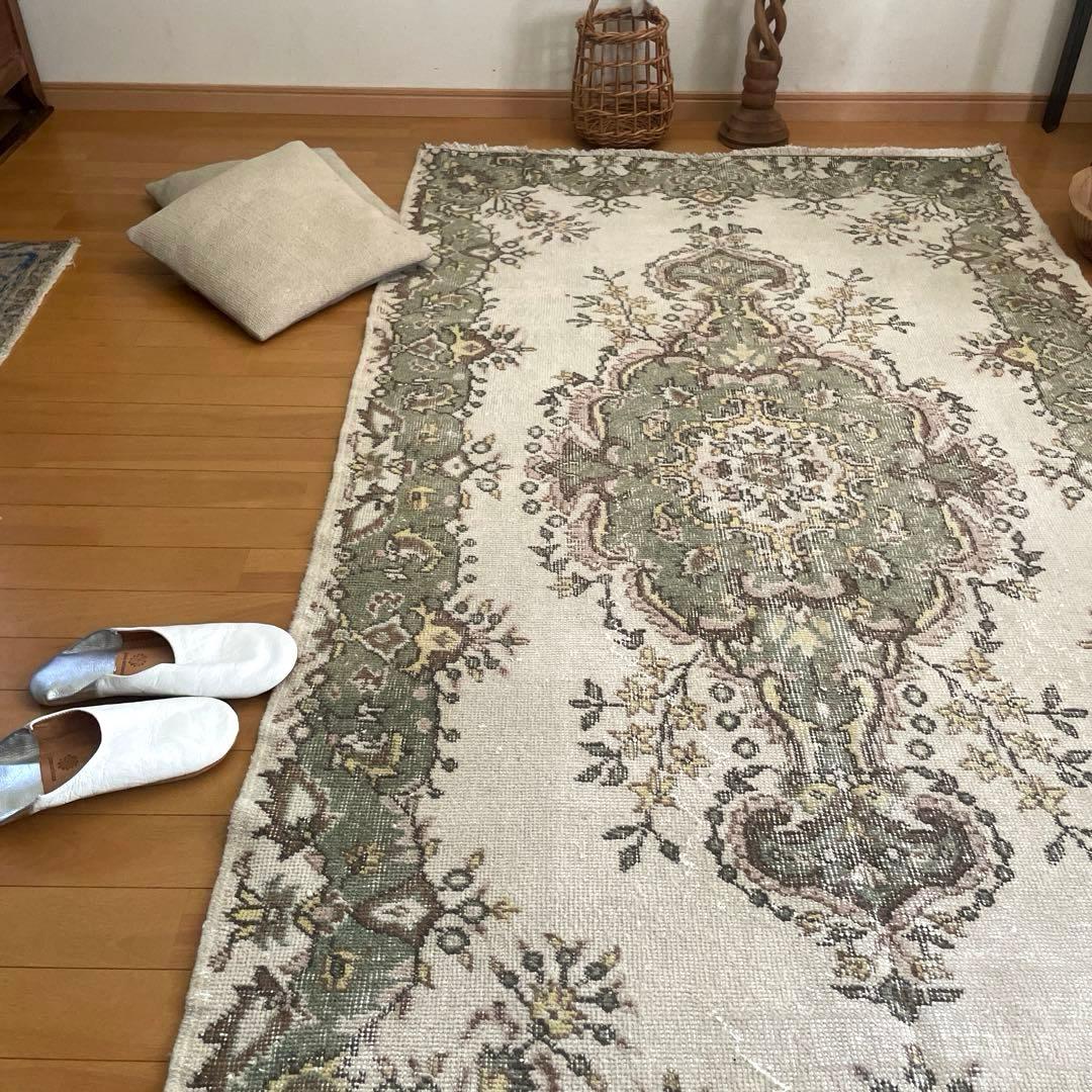 115×206 モスグリーン×クリーム　メダリオン　トルコヴィンテージラグ