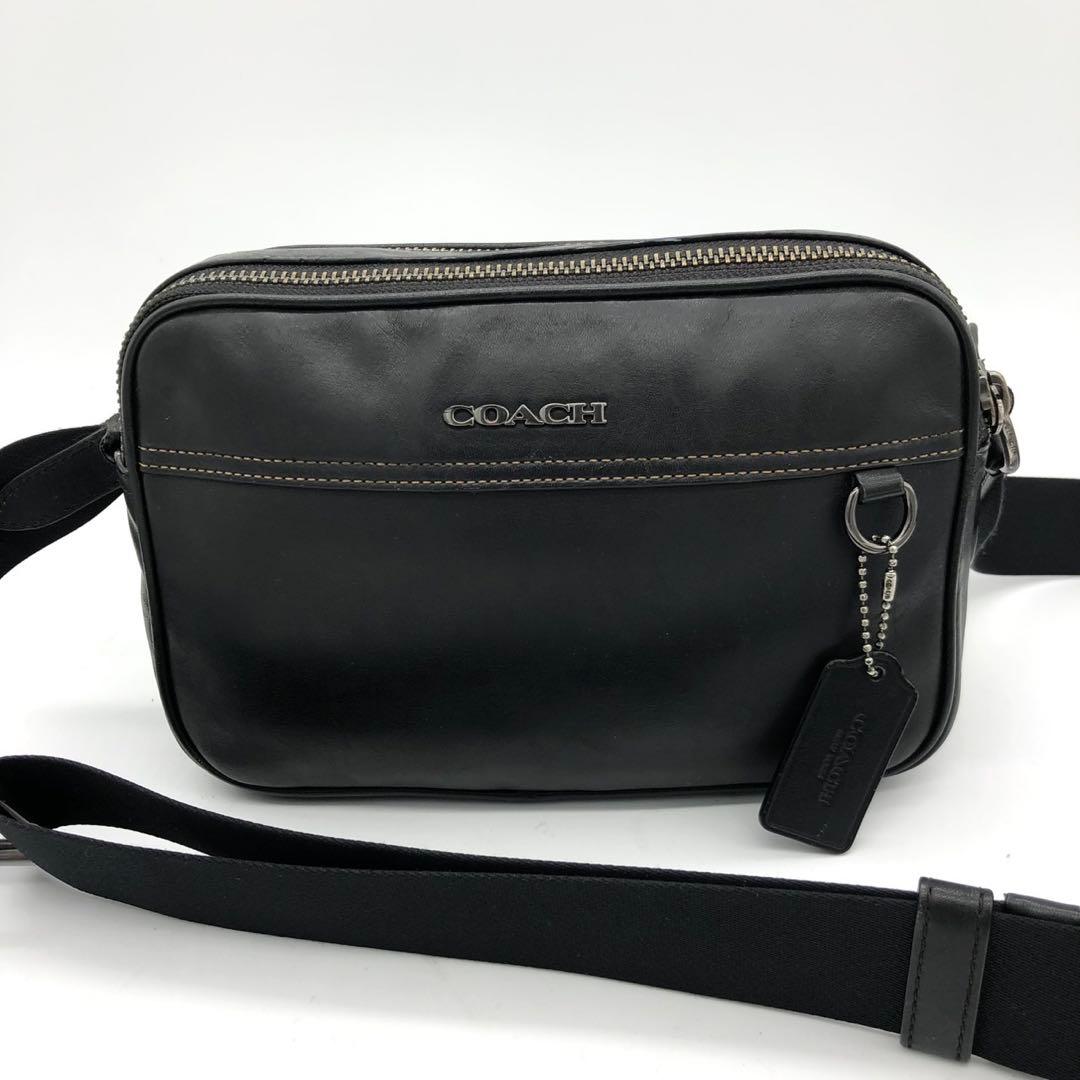 【美品】コーチ ショルダーバッグ グラハム ダブルファスナー レザー ブラック