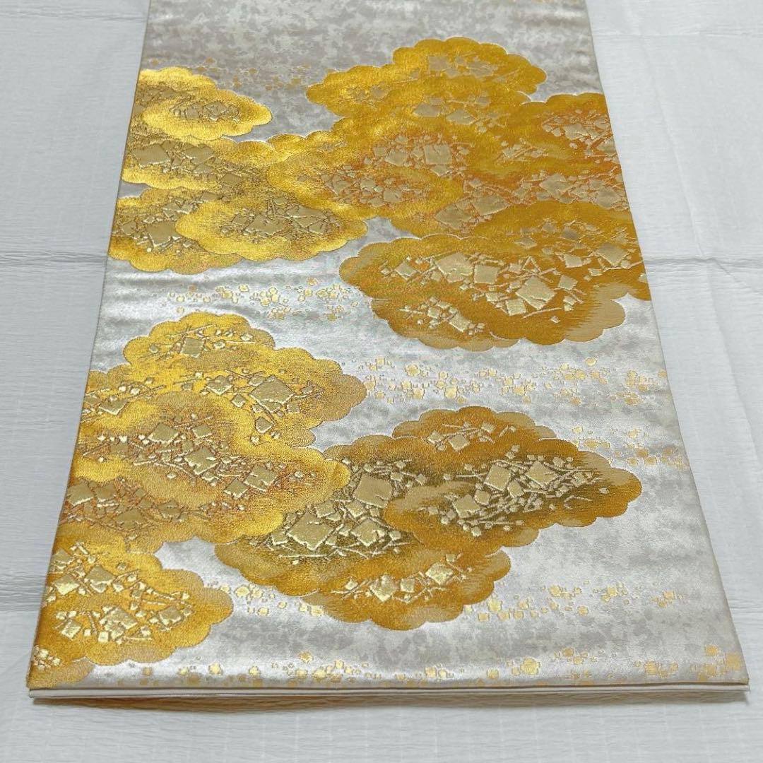 梅垣織物　袋帯　切箔雲文　西陣織　引箔　正絹　金銀糸　シルバー系