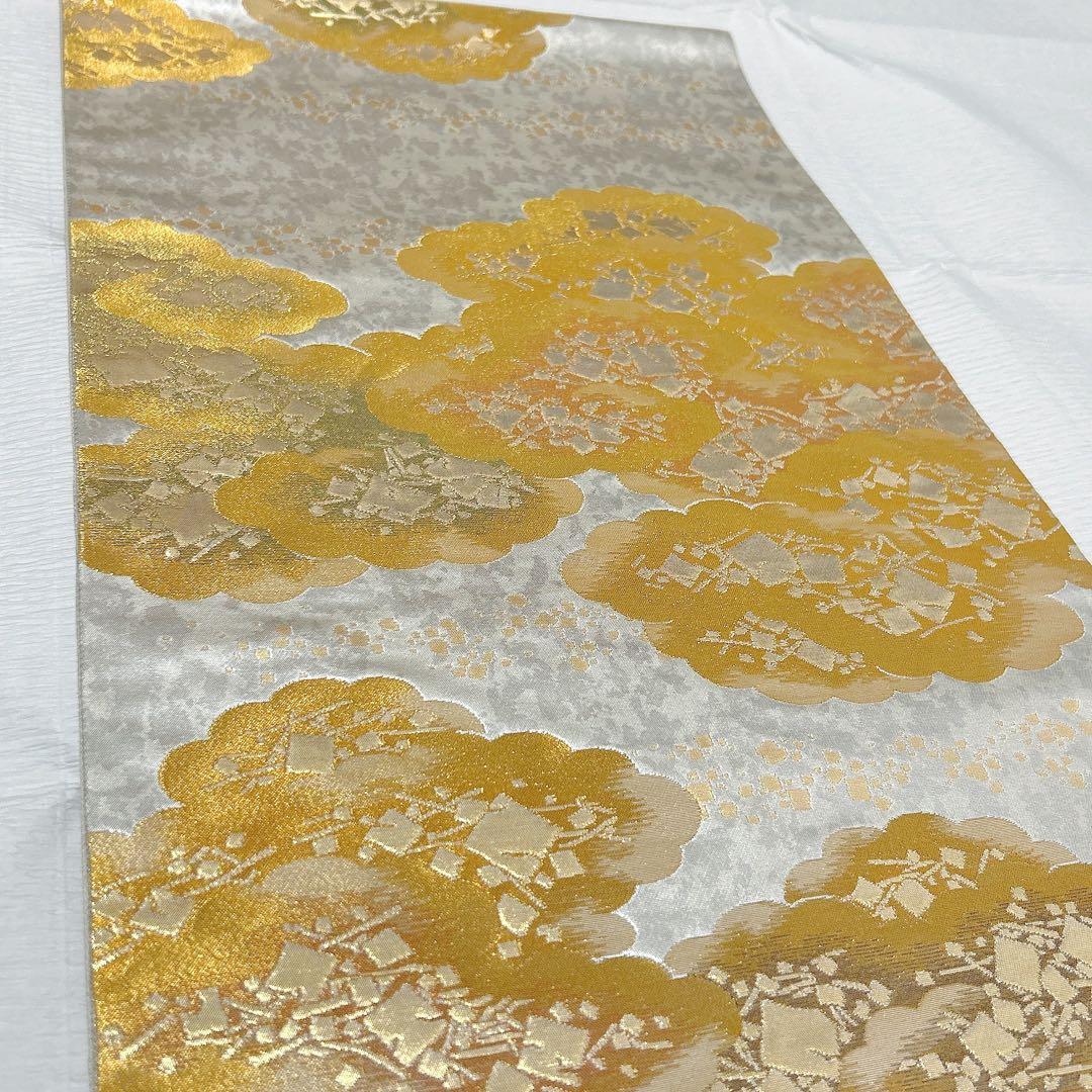 梅垣織物　袋帯　切箔雲文　西陣織　引箔　正絹　金銀糸　シルバー系