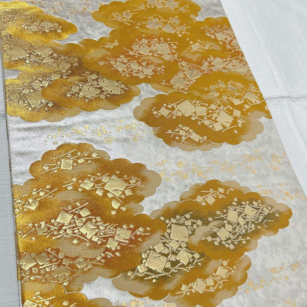 梅垣織物　袋帯　切箔雲文　西陣織　引箔　正絹　金銀糸　シルバー系