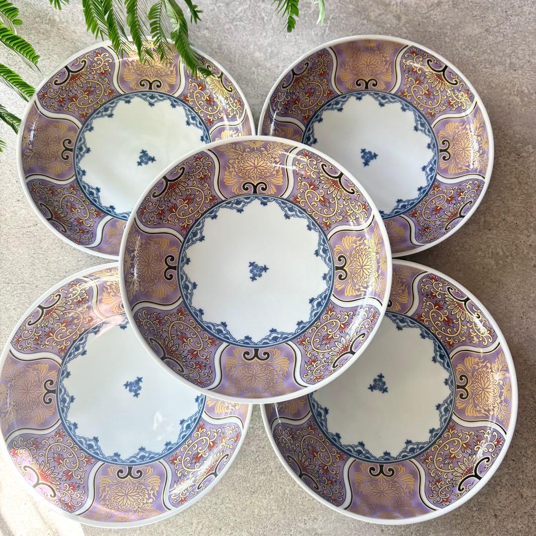 献上古伊万里　大皿　５枚セット　紫　パープル　約20cm 多用皿　金彩　和食器
