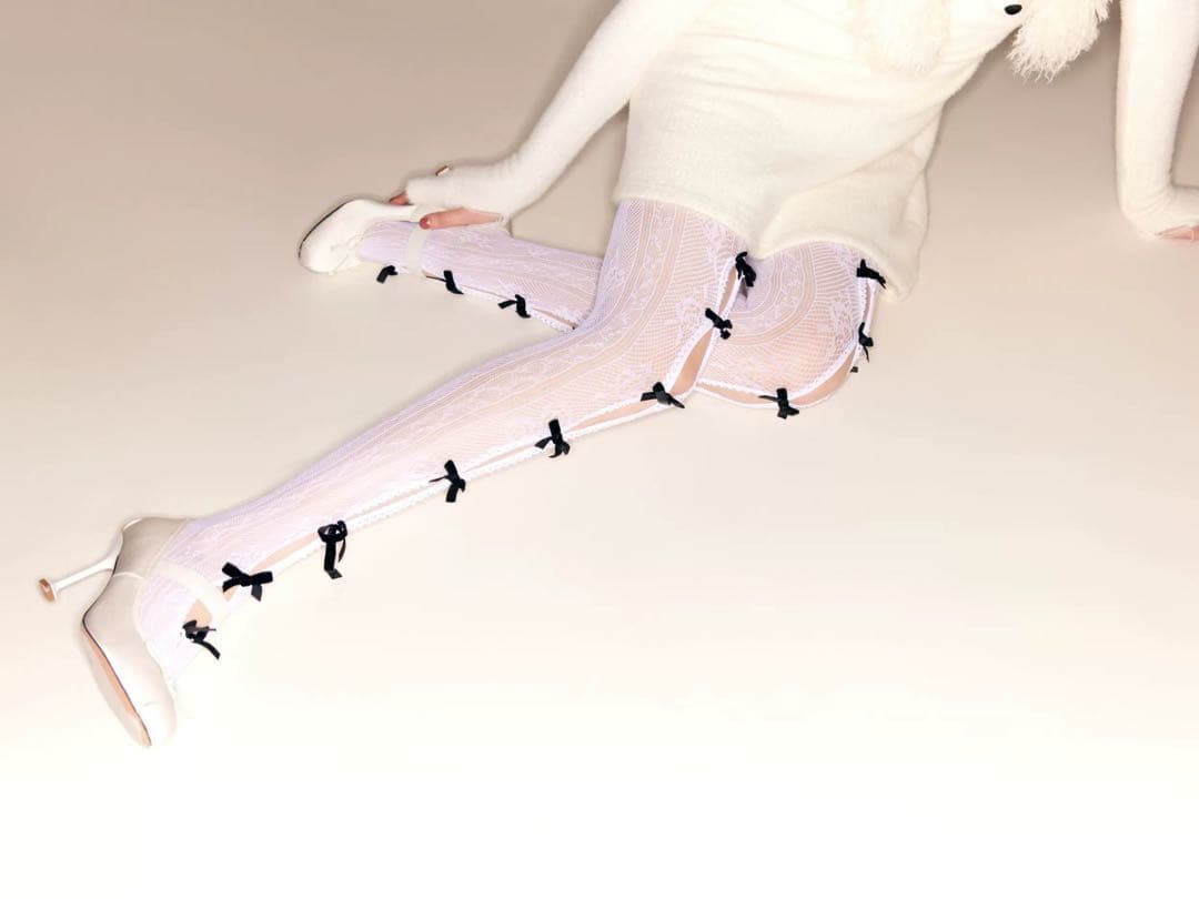 NODRESS 　レース　リボン　タイツ　ストッキング　ホワイト/ブラック