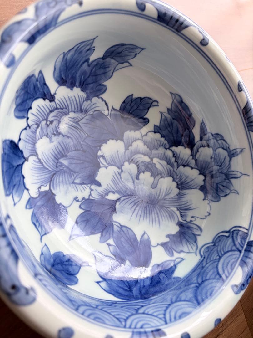 未使用 有田焼 一作窯 染付牡丹青海波 鉢 作家物 山口清久 手描き 古染付