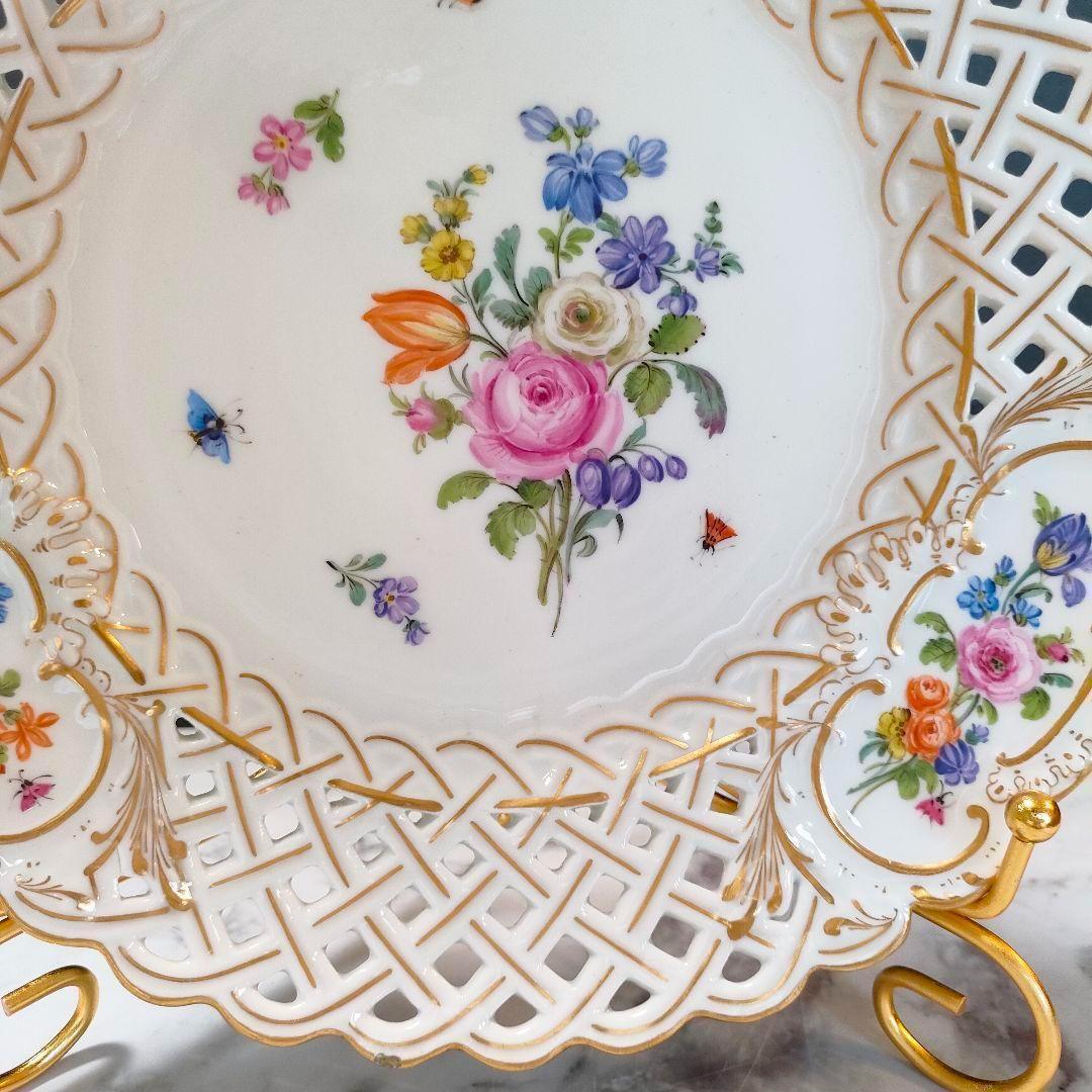 24㎝★マイセン 昆虫 ピアスエッジ ピンクローズ金彩 透かしプレート 希少品