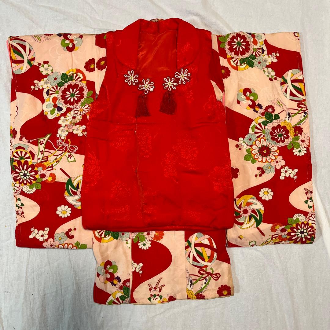 七五三　3歳　着物　アンティーク　ピンク　赤　被布　正絹