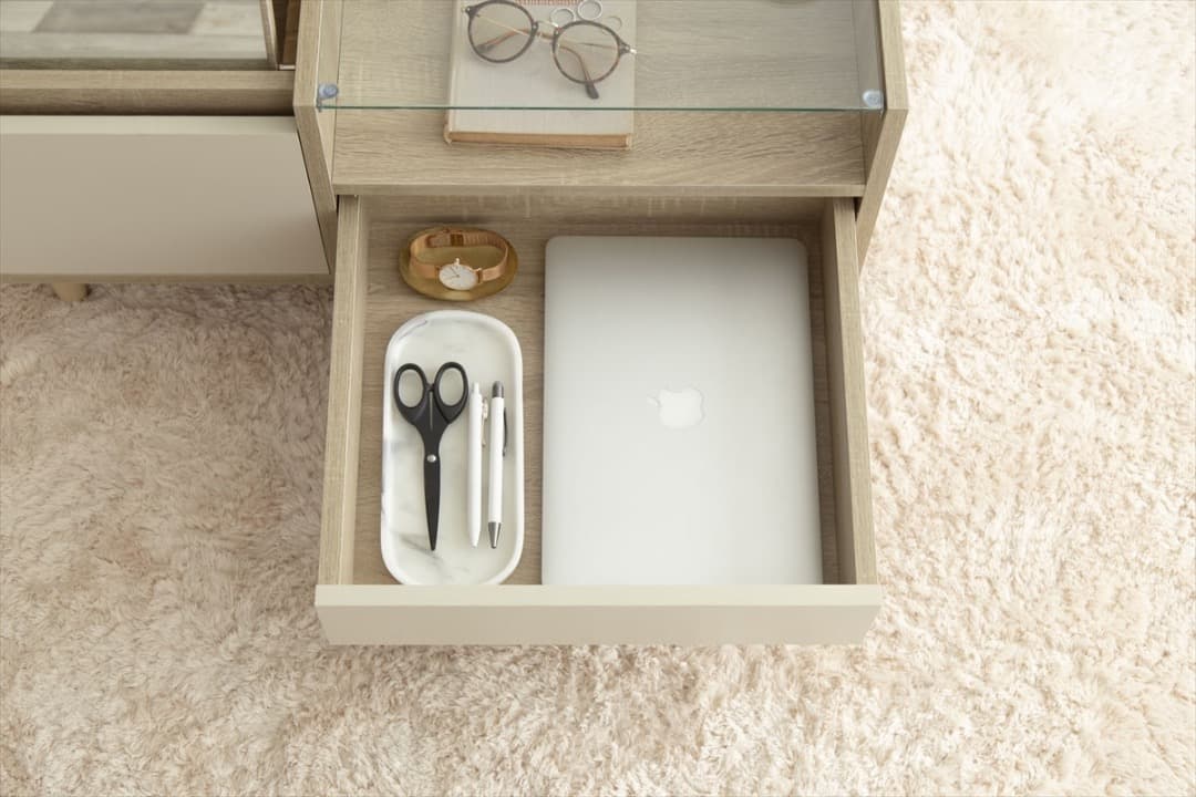 【送料無料】ディスプレイ収納付きドレッサーテーブル 机 ロー ガラス天板