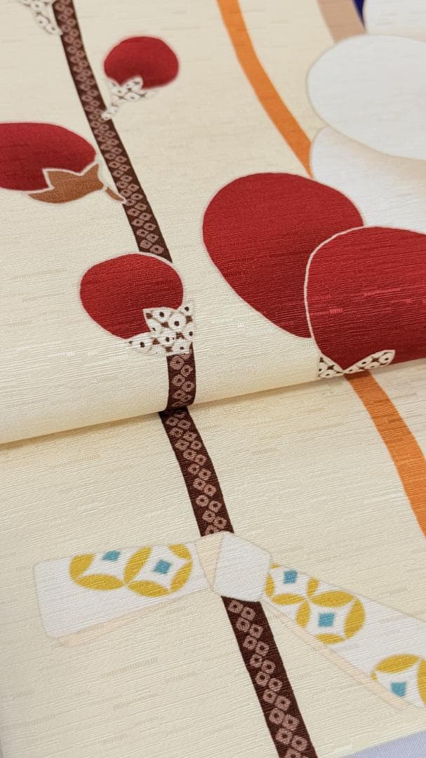 帯７　WA.KKA　梅の花・枝とおみくじ京袋帯　アイボリー系　約３７６×３１