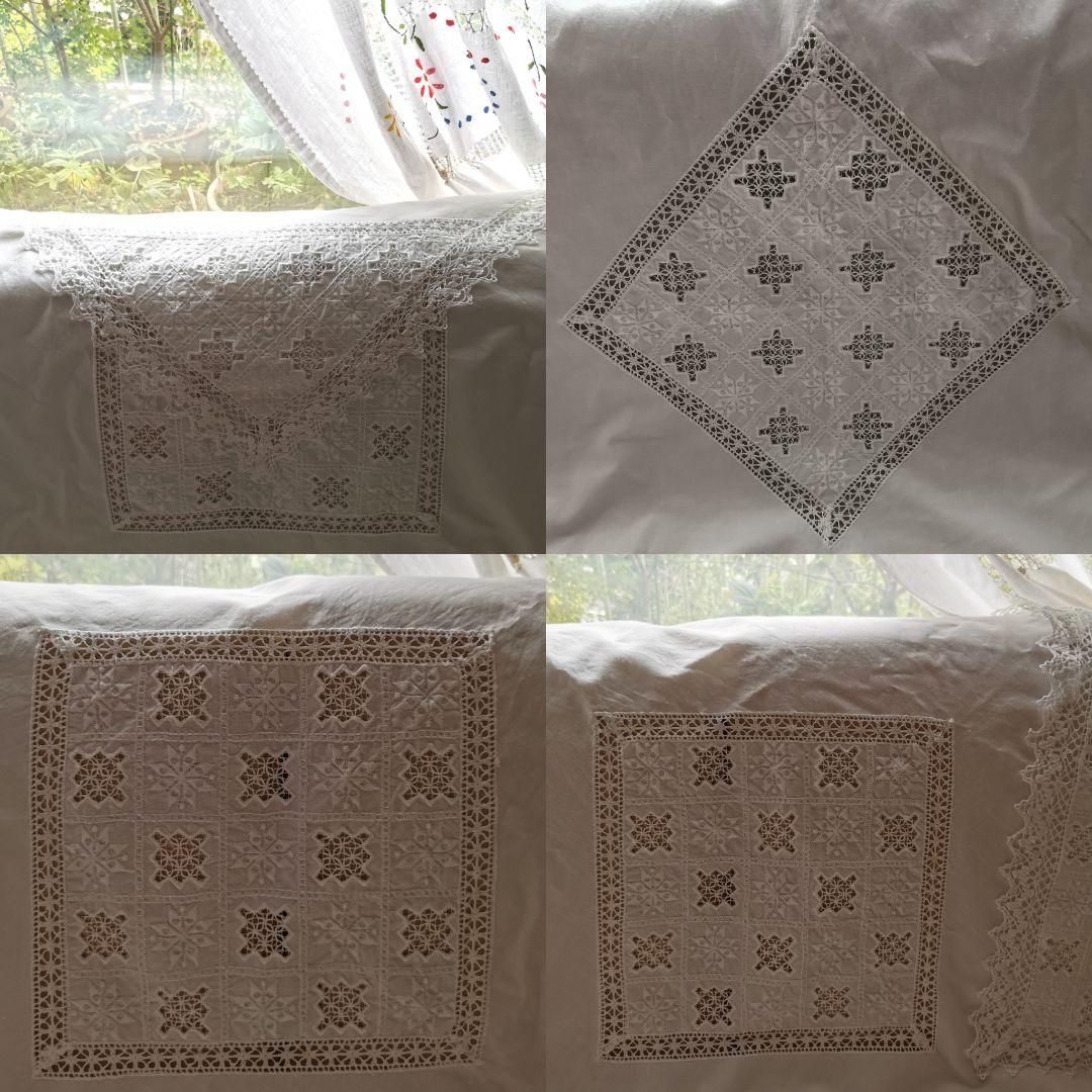 アンティーク 北欧ハーダンガー刺繍＆クロシェレース リネンクロス スノーフレーク