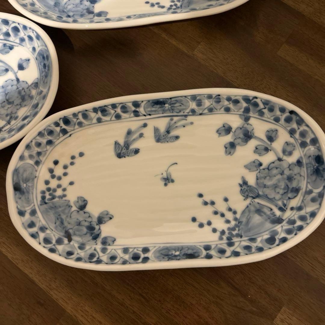 藍水　花鳥　楕円のお皿4枚