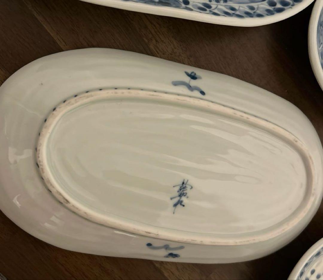 藍水　花鳥　楕円のお皿4枚