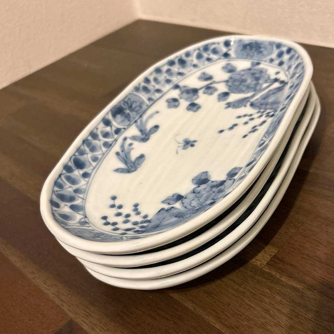 藍水　花鳥　楕円のお皿4枚