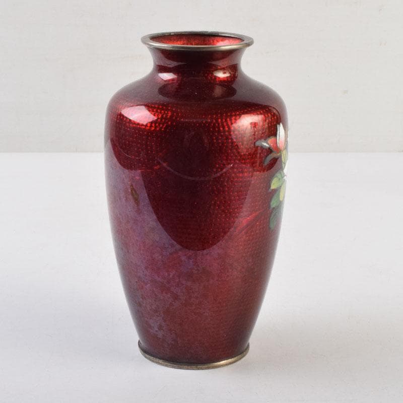 七宝焼　赤透釉　花文　花瓶　V　9018