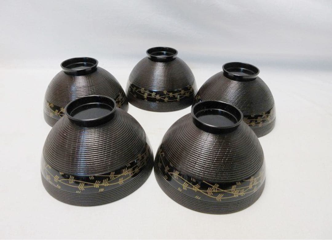 ほぼ未使用 懐石道具 木製溜塗 千筋 蒔絵 吸物椀5客揃 内黒 木箱