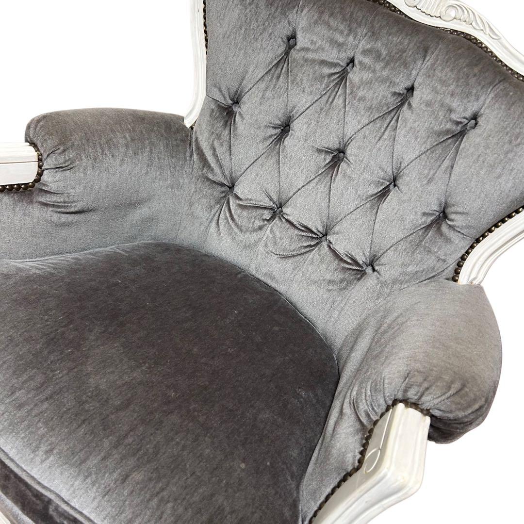 カリモク　ロココ調　グレー　アンティーク　シングルソファ