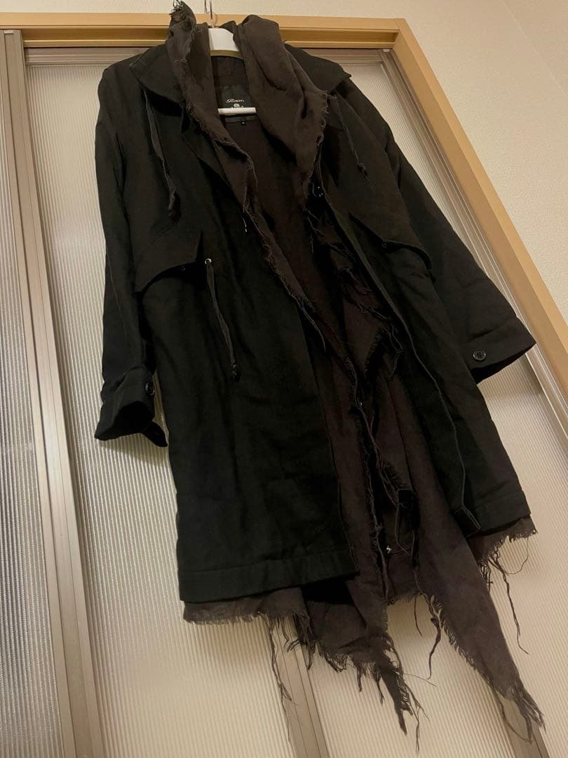 Roen ダメージ 退廃加工 スカルバック レイヤード モッズコート フード 黒