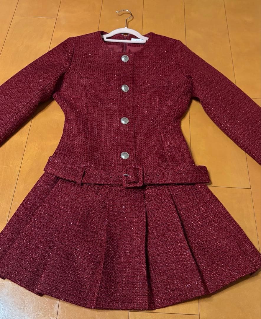 ダーリッチ　ボックスプリーツツイードミニワンピース　F-L ボルドー