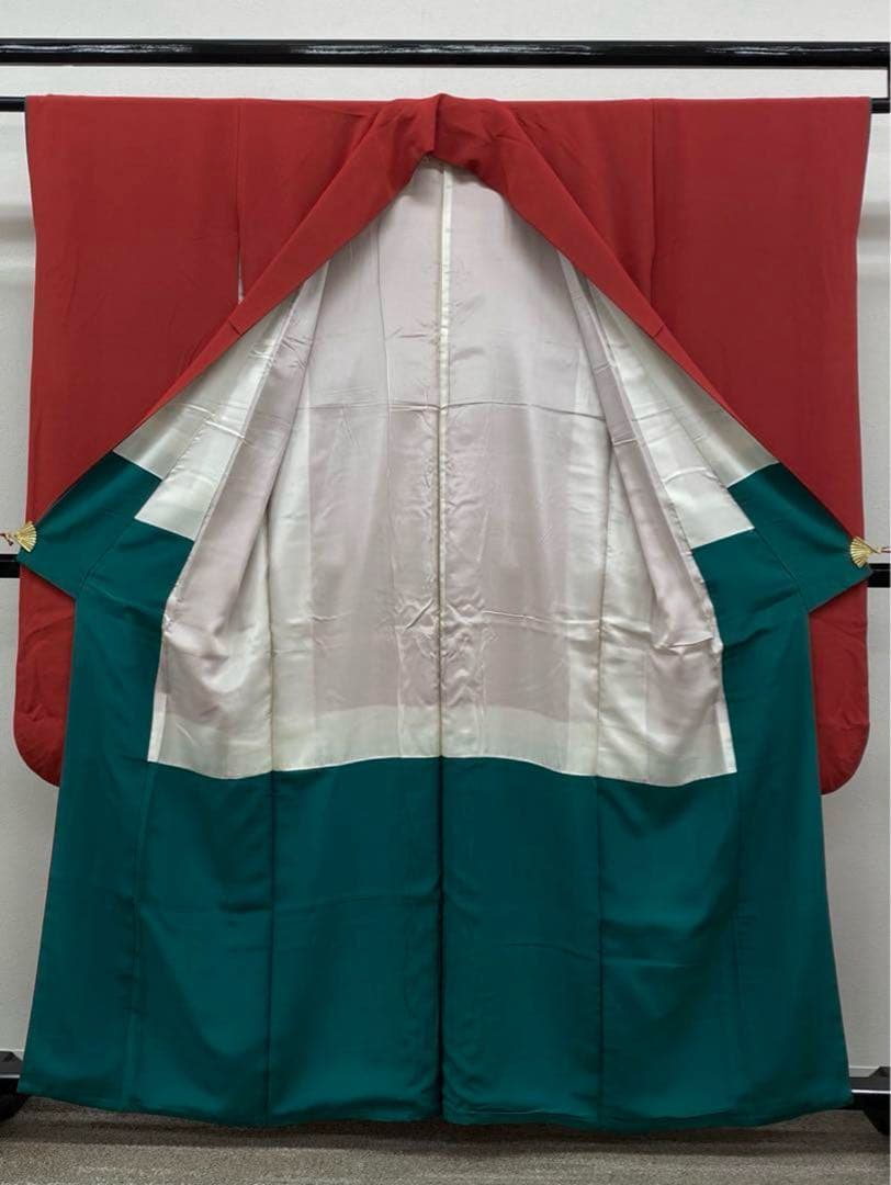 無地振袖 シンプル ちりめん 茜色系 身丈155cm