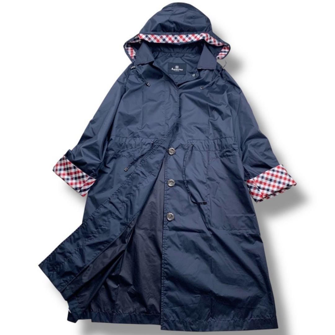 【極美品】アクアスキュータム　レインコート　比翼　ネイビー 収納袋付　チェック