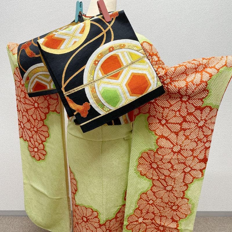 601aj59◎振袖のみ 総絞り ハーフ成人式 十三参り 菊 淡黄緑◎