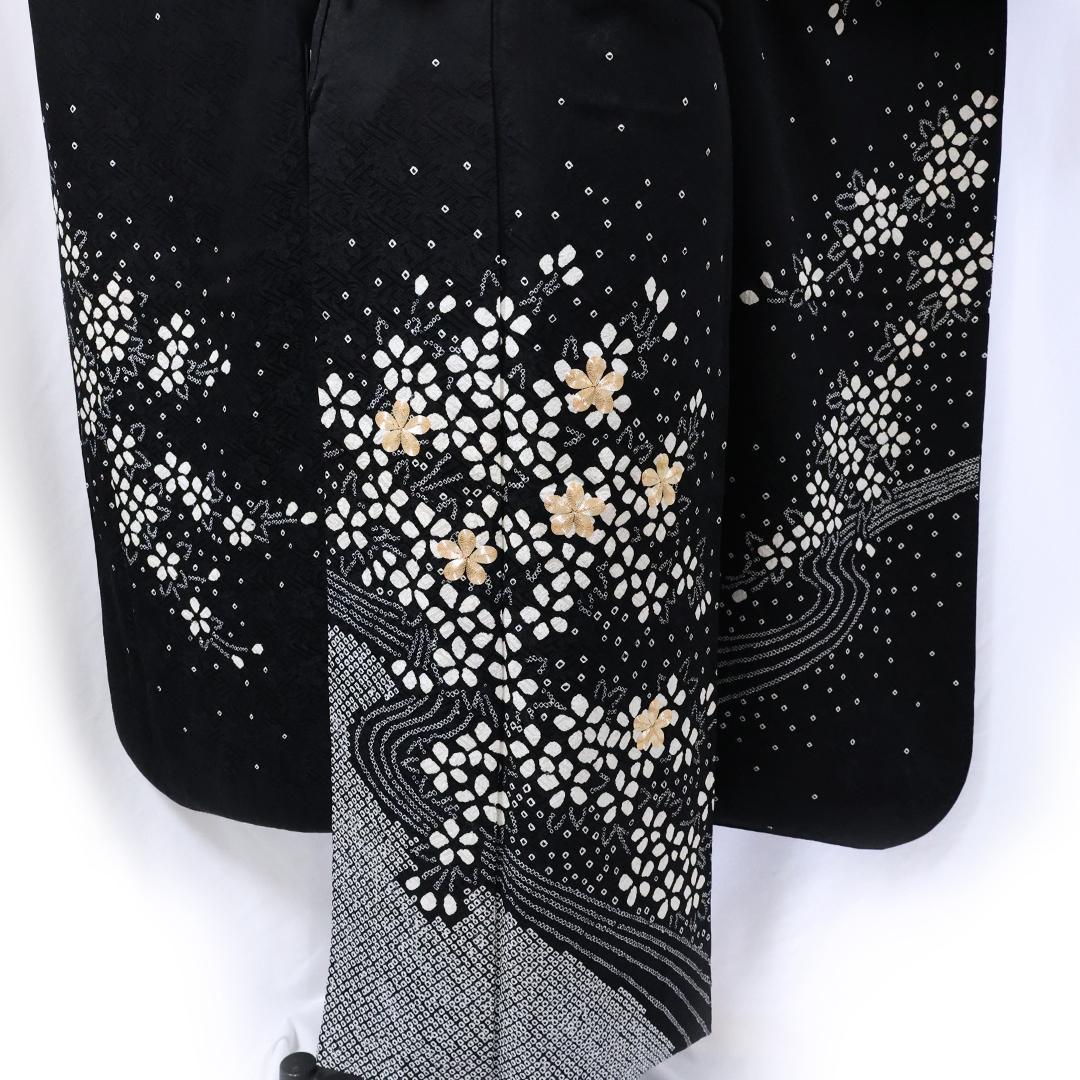 絞り◆ 振袖丈169.5cm 5点セット ◆フルセット黒モノトーン成人式ｃB39