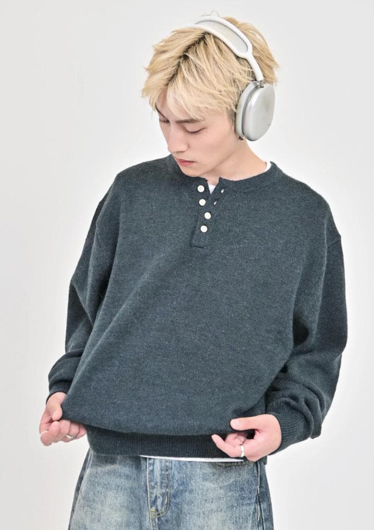 L2143　ウールブレンドヘンリーネックニット　L（blue）地底人ONLINE