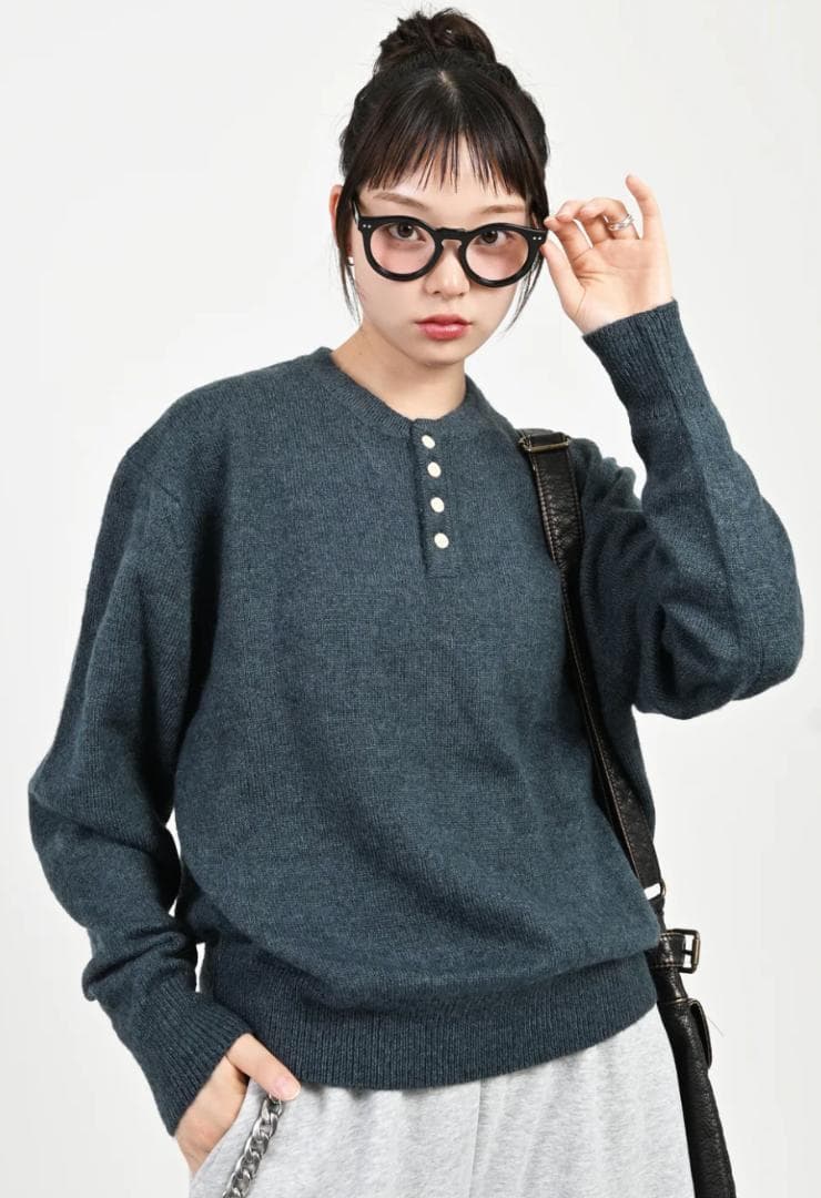 L2143　ウールブレンドヘンリーネックニット　L（blue）地底人ONLINE