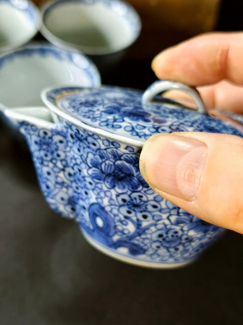 煎茶道具 京焼/清水焼 平安吉兆 染付薄手玉露茶器 手書き花文 共箱 舟型湯冷し