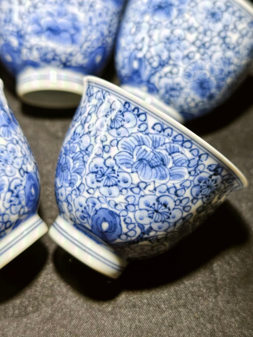 煎茶道具 京焼/清水焼 平安吉兆 染付薄手玉露茶器 手書き花文 共箱 舟型湯冷し