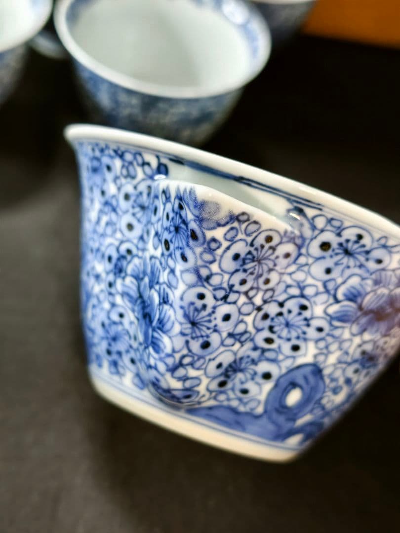 煎茶道具 京焼/清水焼 平安吉兆 染付薄手玉露茶器 手書き花文 共箱 舟型湯冷し