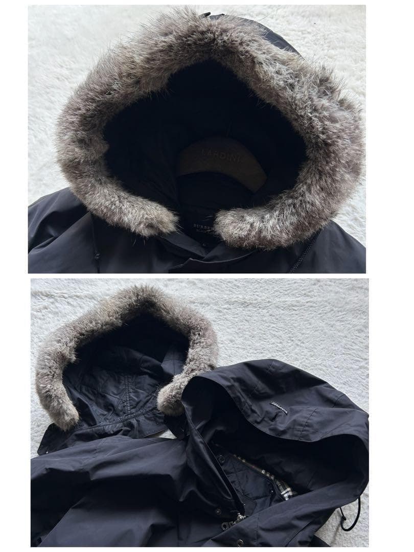 バーバリーブラックレーベル モッズコート 裏地チェック ライナー ファー 黒 L