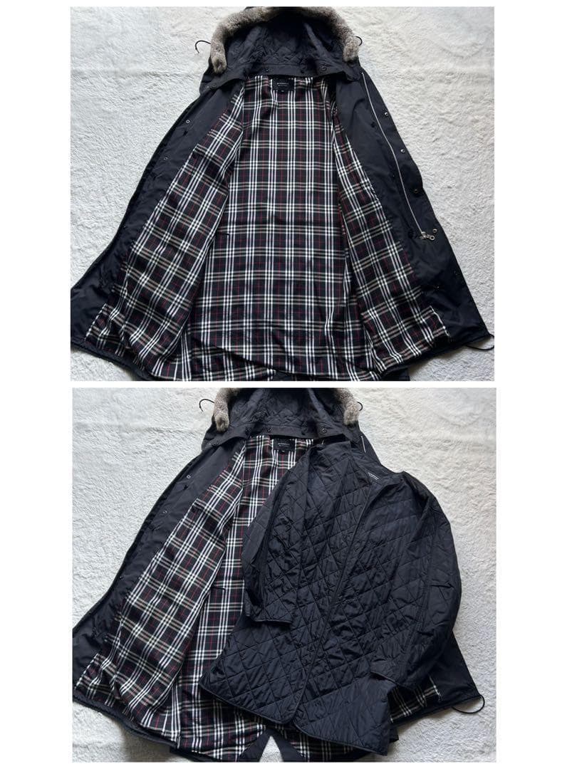 バーバリーブラックレーベル モッズコート 裏地チェック ライナー ファー 黒 L