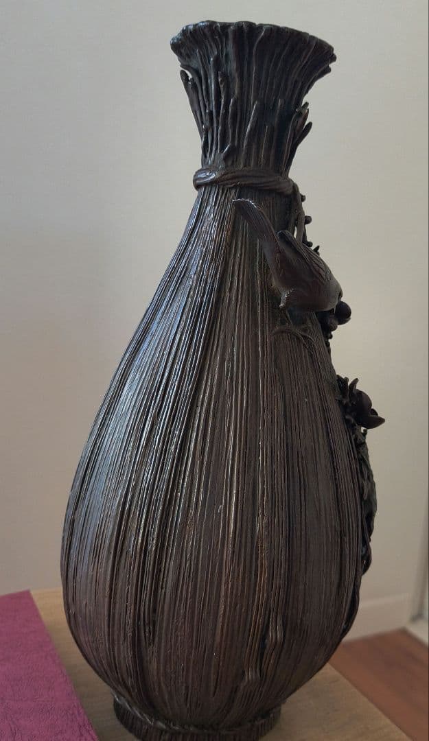 金属製鳥と花の装飾花瓶　金工家　二上常太郎