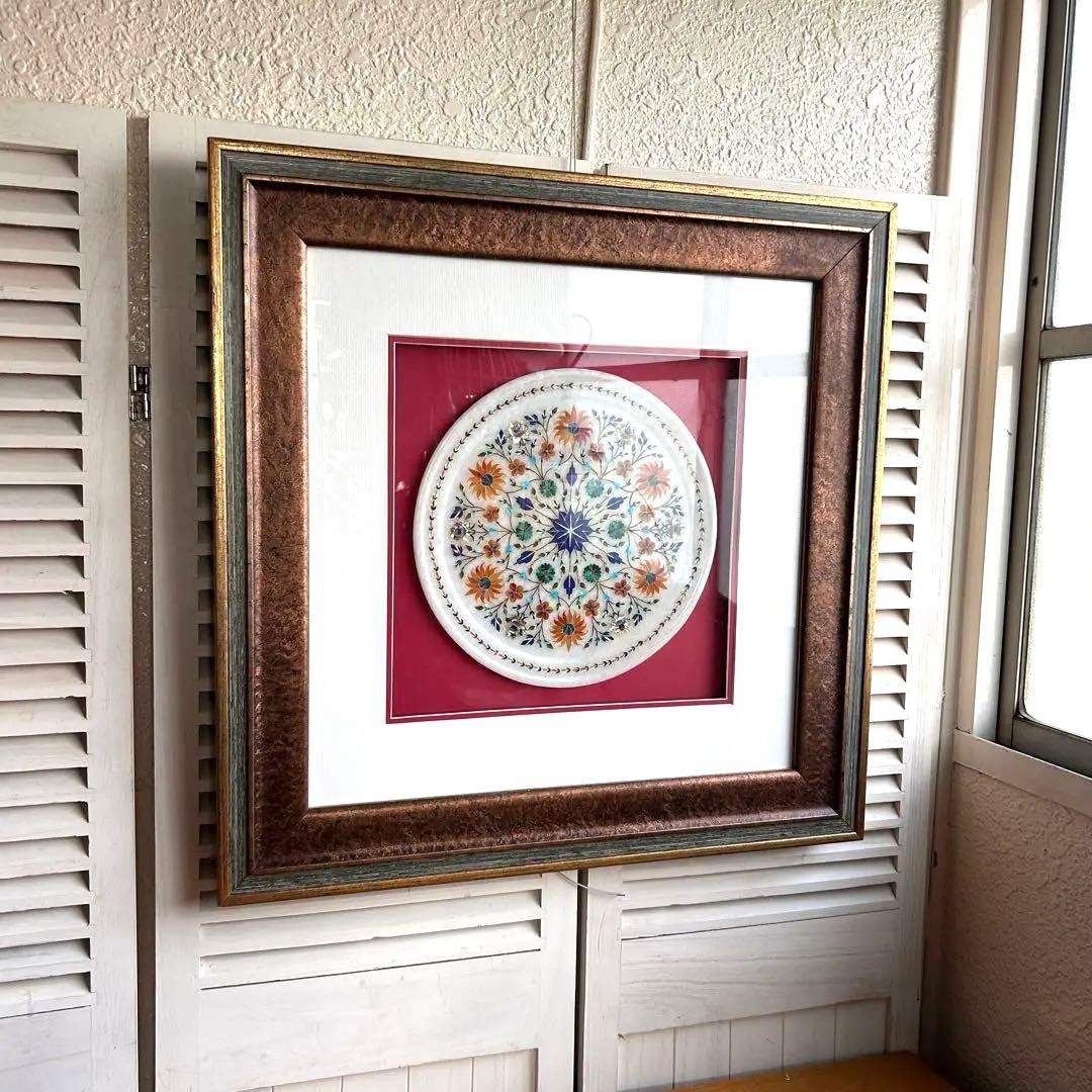 インド　大理石　象嵌細工 螺細　飾り皿　額装