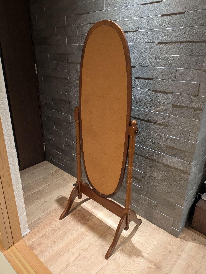 【アンティーク】ナチュラル木製スタンドミラー 姿見 全身鏡 オーバルデザイン