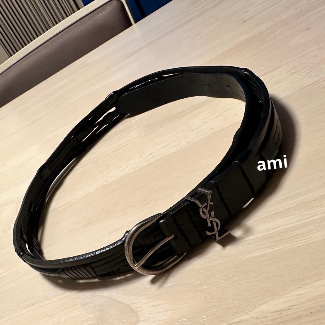 YSL ブラックレザー ベルト シルバーのバックル