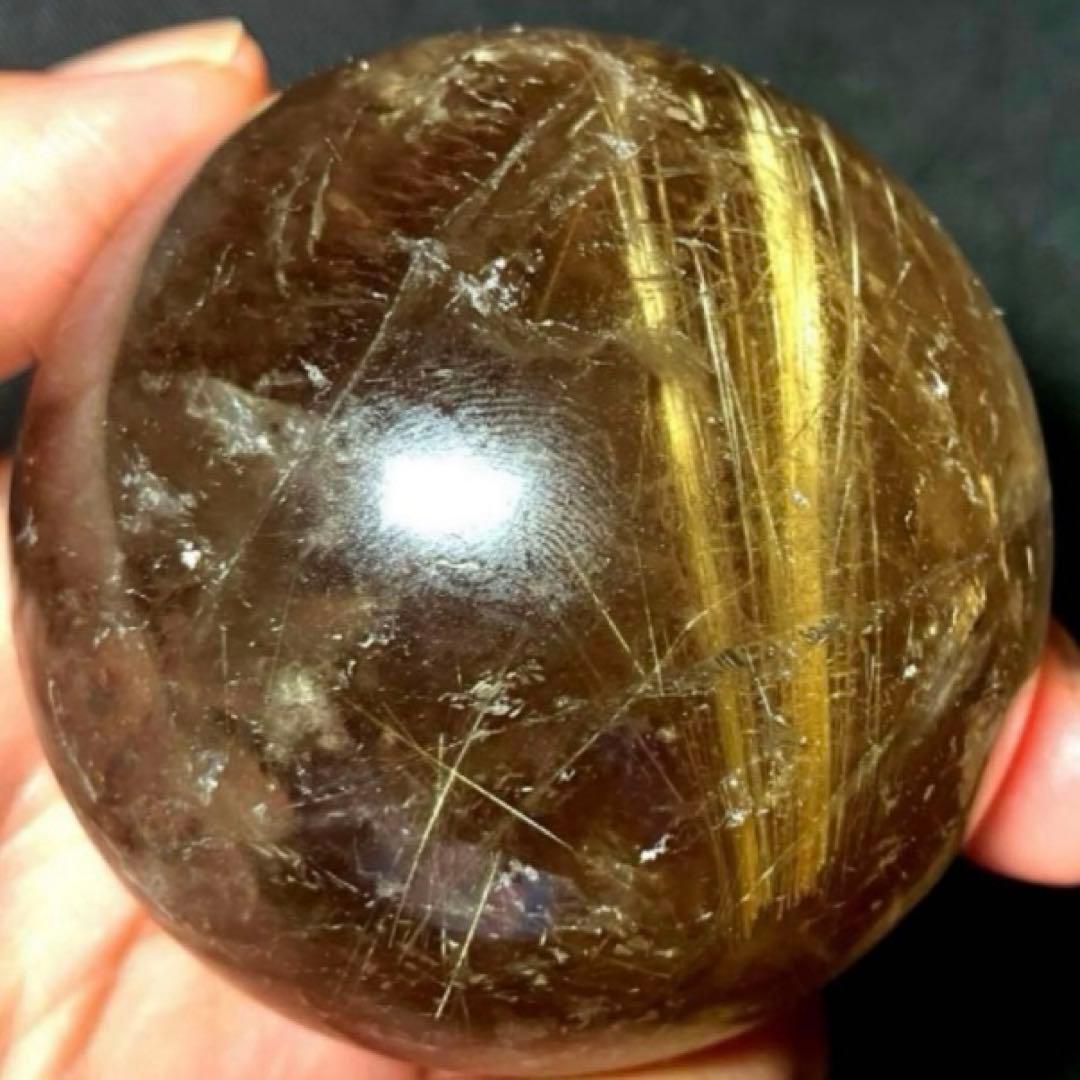 超大玉　60mm ゴールドスモーキールチルクォーツ　丸玉　スフィア　金針水晶
