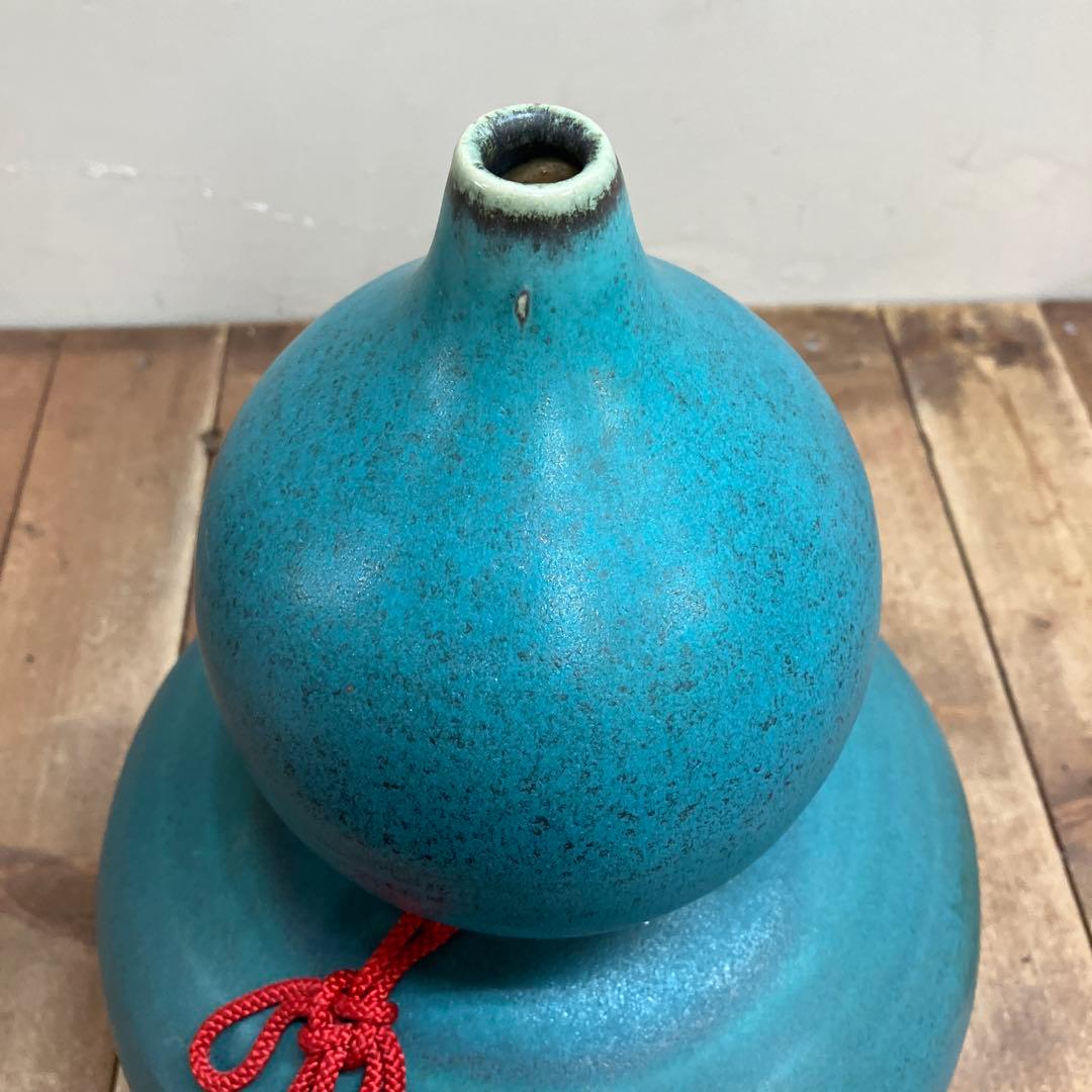 C-壁 昭和レトロ 信楽焼 瓢箪 花瓶 トルコブルー 手づくり 縁起物 飾り壺