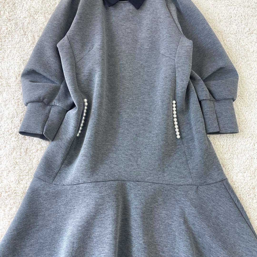 美品♡ ストラ 2way 衿取り外しパール付き ワンピース フレア グレー 38